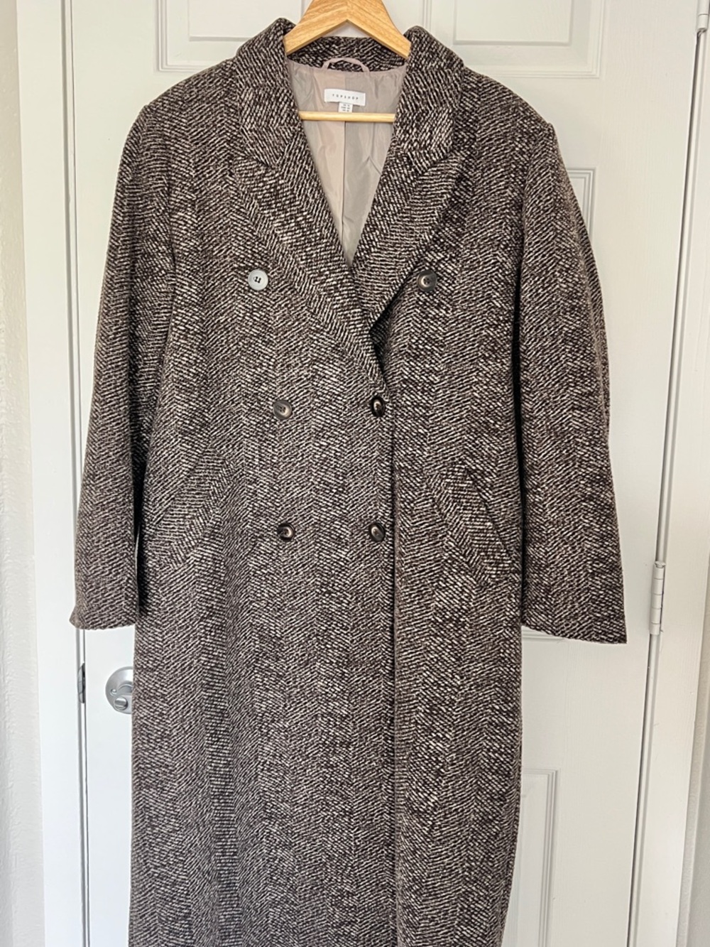 Topshop Double-Breasted Herringbone Pea Coat - Brown/Black